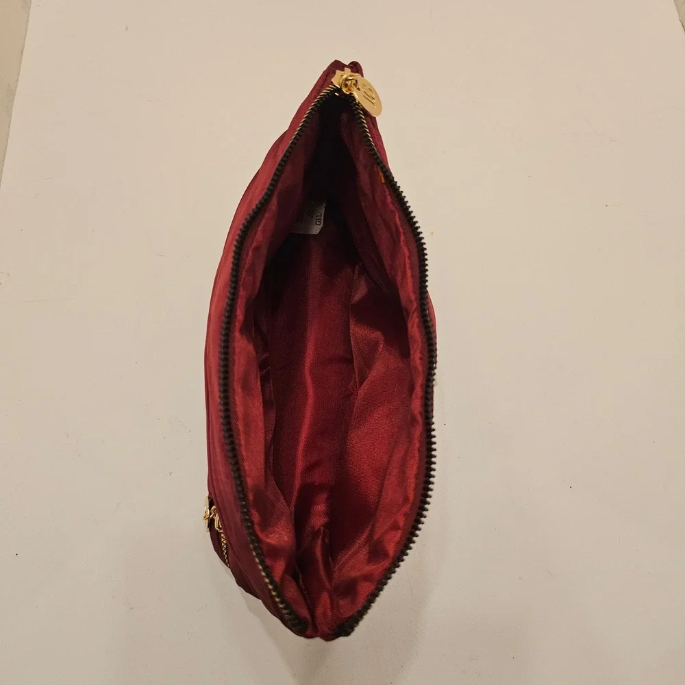 Laura Geller Quilted Burgundy Makeup Bag and 4 Piece Professional Brush Set Gold